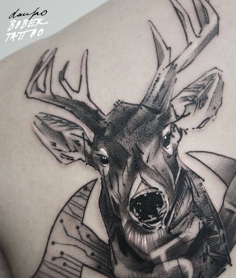 Black Ink Deer Head Tattoo On Left Back Shoulder By Dan Ko