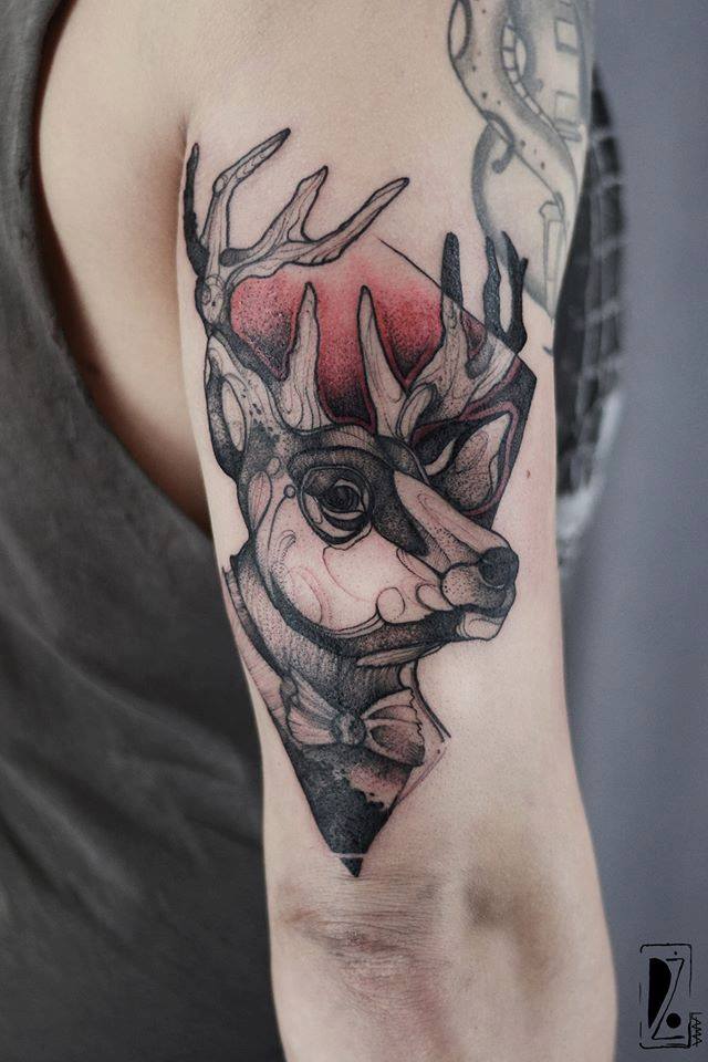 Black Ink Deer Head Tattoo On Man Right Half Sleeve