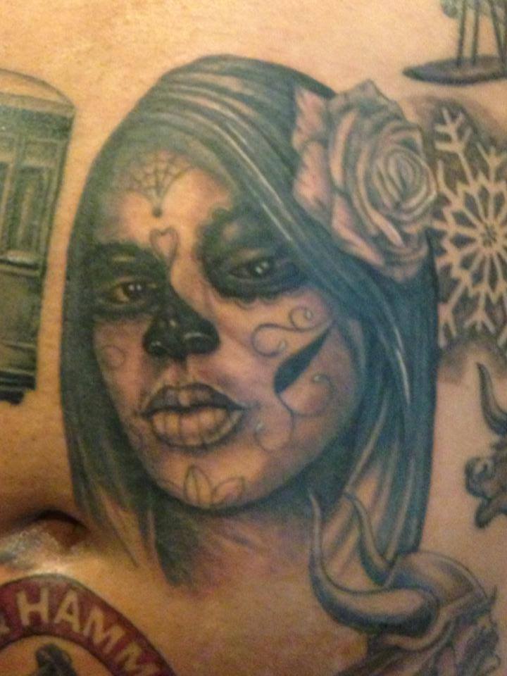 Dia De Los Muertos Girl Face With Diamond Rose Tattoo On ...