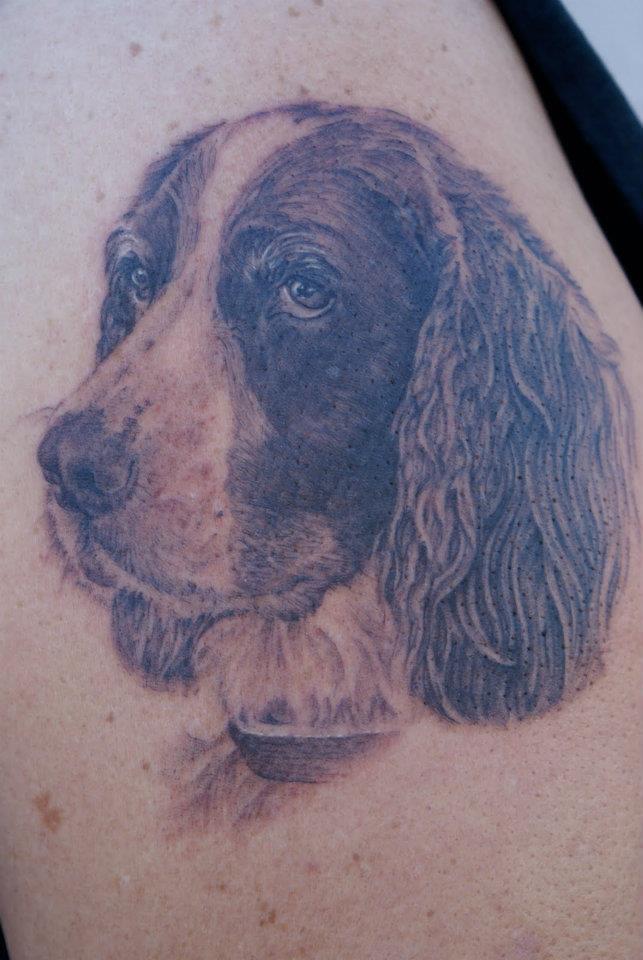 Black Ink Dog Head Tattoo Design For Shoulder By Tom Renshaw