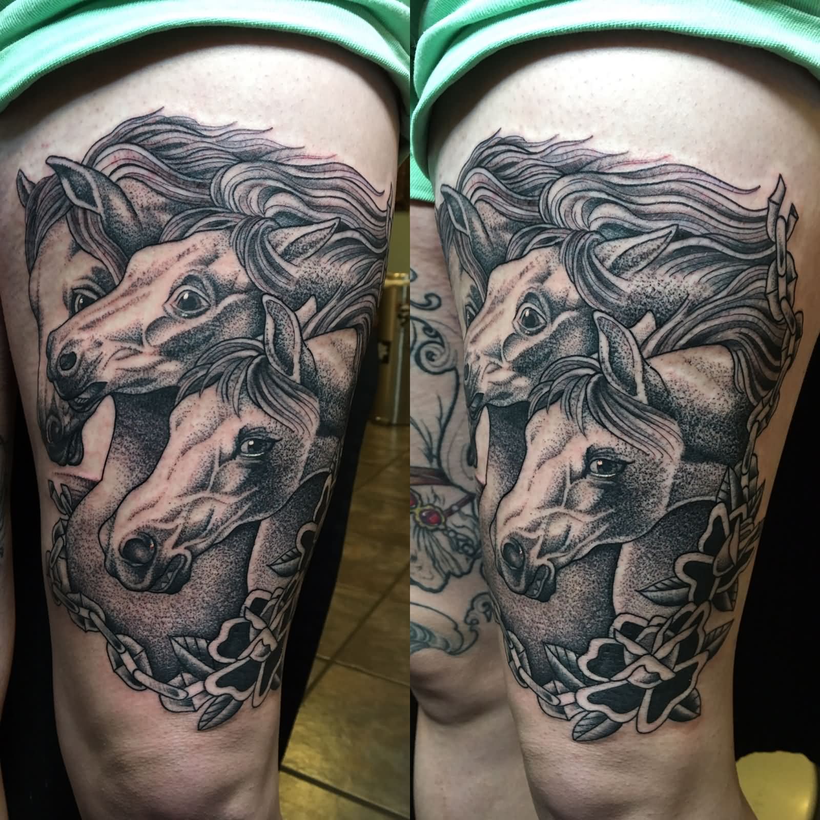 Black Ink Dotwork Three Horse Head In Frame Tattoo On Left Thigh