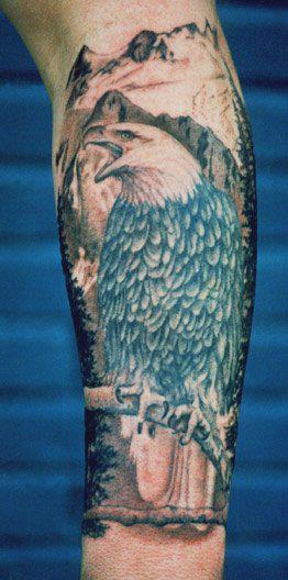 Black Ink Eagle Tattoo On Left Arm By Tom Renshaw