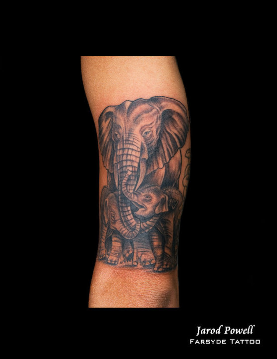 Black Ink Elephant Family Tattoo On Left Half Sleeve