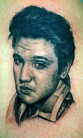 Black Ink Elvis Presley Portrait Tattoo Design By Tom Renshaw