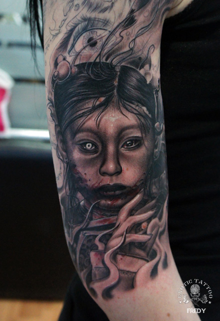 Black Ink Evil Girl Face Tattoo On Right Half Sleeve