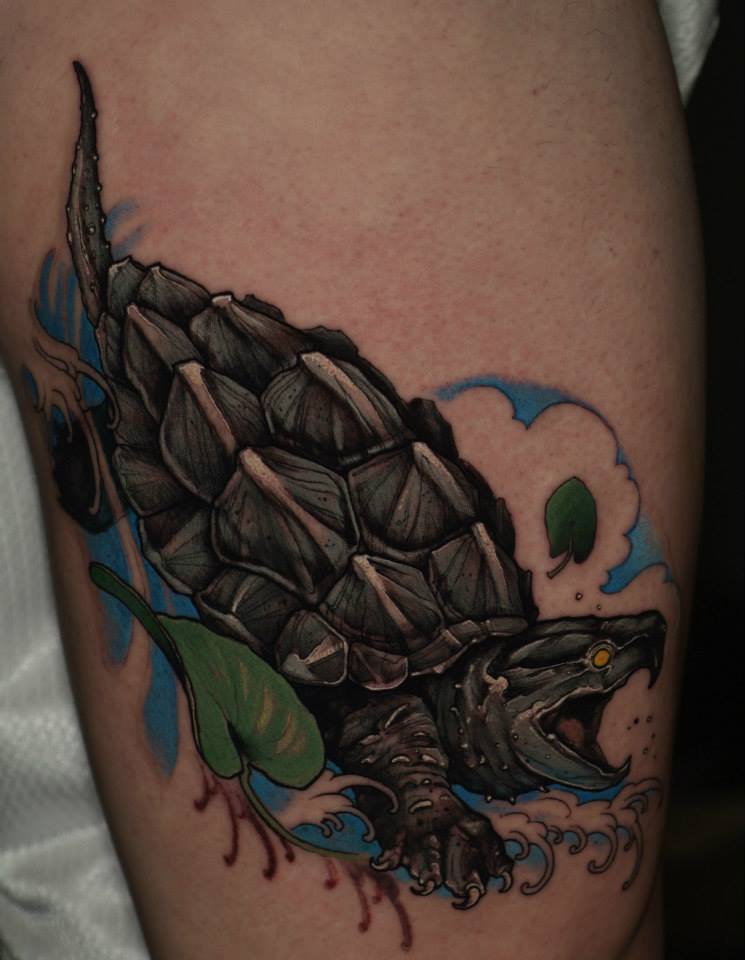 Black Ink Evil Turtle Tattoo Design For Sleeve