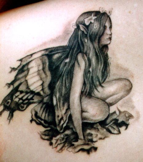 Black Ink Fairy Tattoo Design By Tom Renshaw