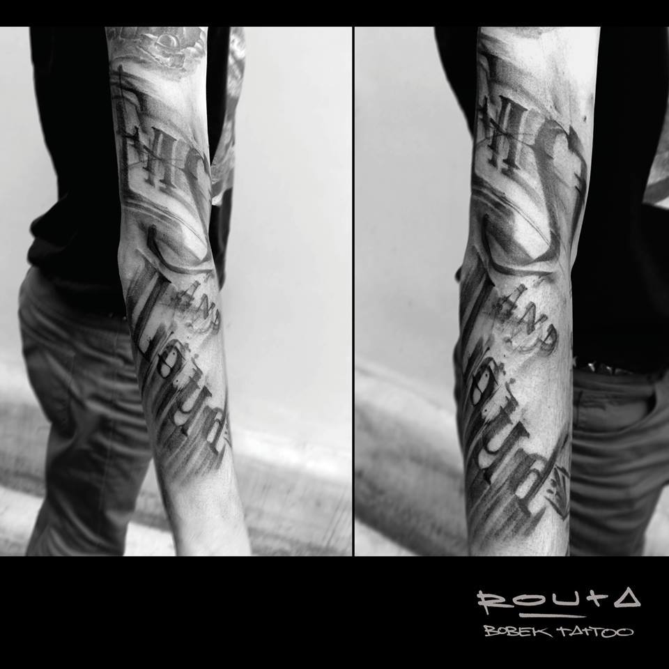 Black Ink Fast And Loud Lettering Tattoo On Right Full Sleeve By Martin Routa