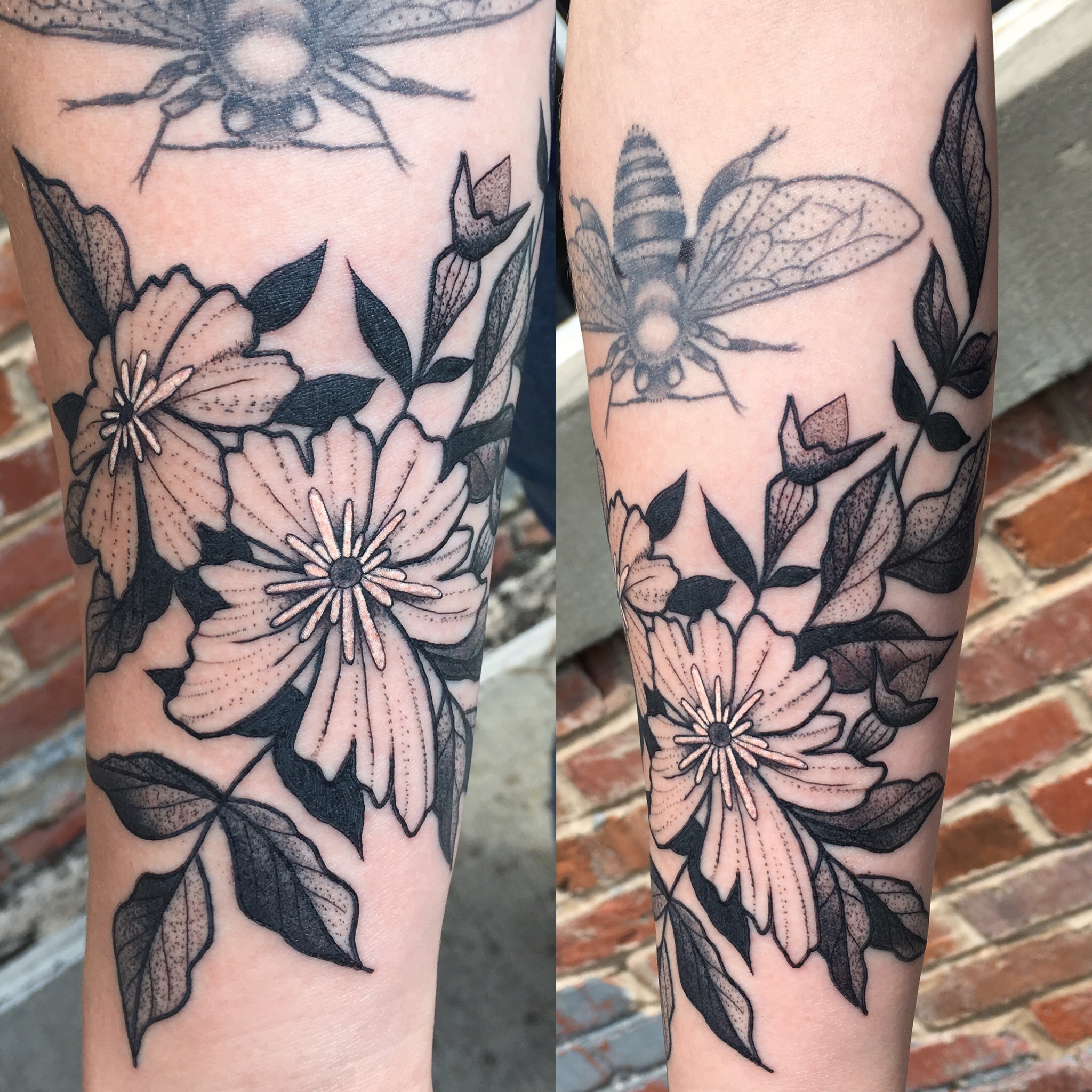 Black Ink Flowers Tattoo Design For Half Sleeve