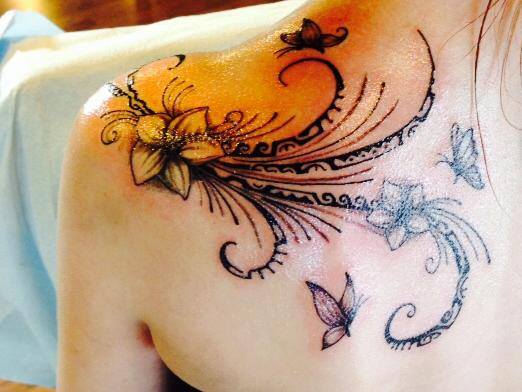 Black Ink Flowers With Butterflies Tattoo On Left Back Shoulder By Omar
