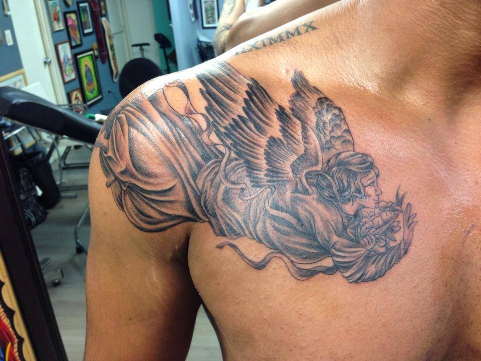 Black Ink Flying Angel Tattoo On Man Right Front Shoulder By Pig Legion