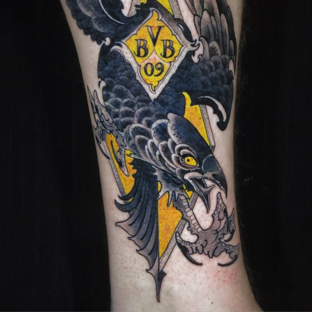 Black Ink Flying Crow Tattoo Design For Leg By Ben Merrell
