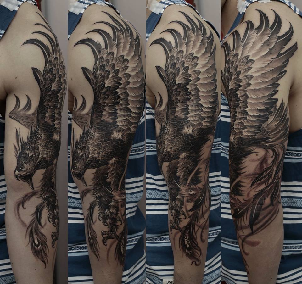 Black Ink Flying Eagle Tattoo On Full Sleeve