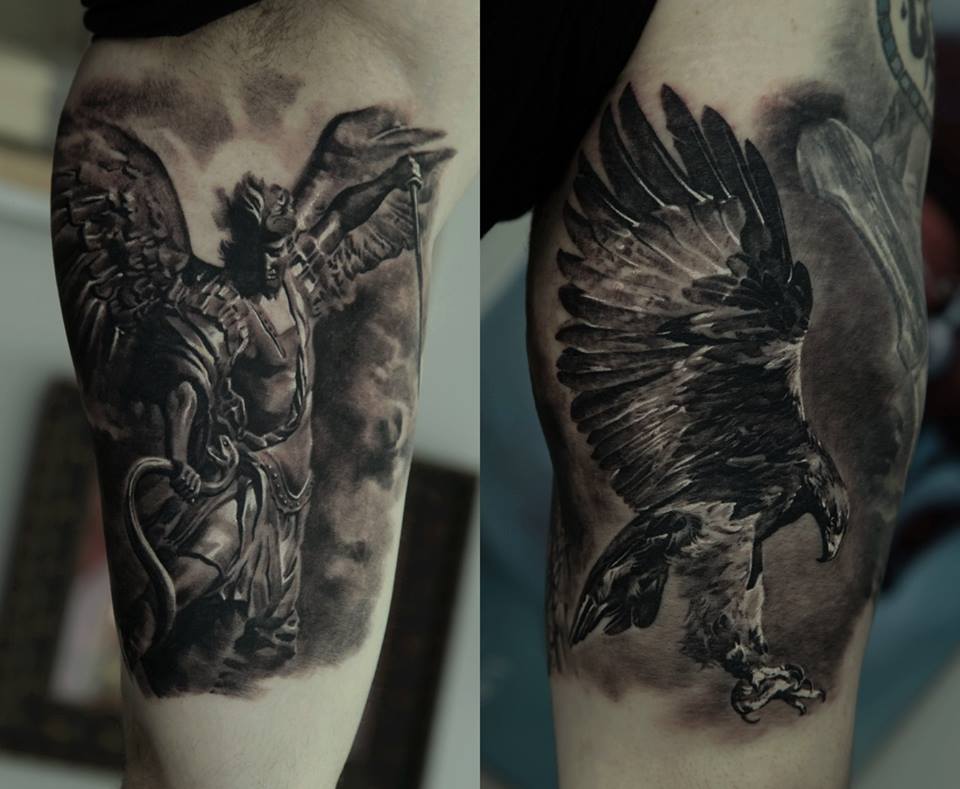 Black Ink Flying Eagle Tattoo On Half Sleeve By Dmitriy Samohin