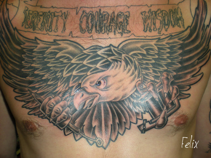 Black Ink Flying Eagle Tattoo On Man Chest