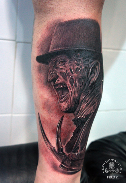 Black Ink Freddy Krueger Tattoo On Leg Calf