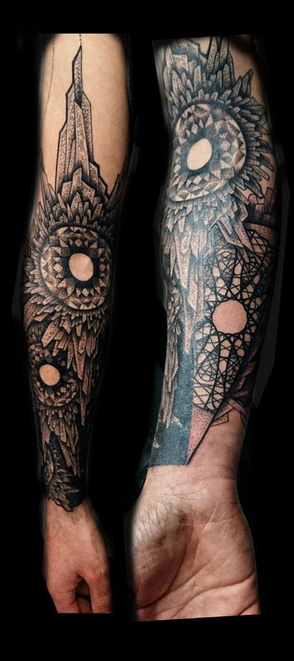 Black Ink Geometric Flowers Tattoo On Forearm