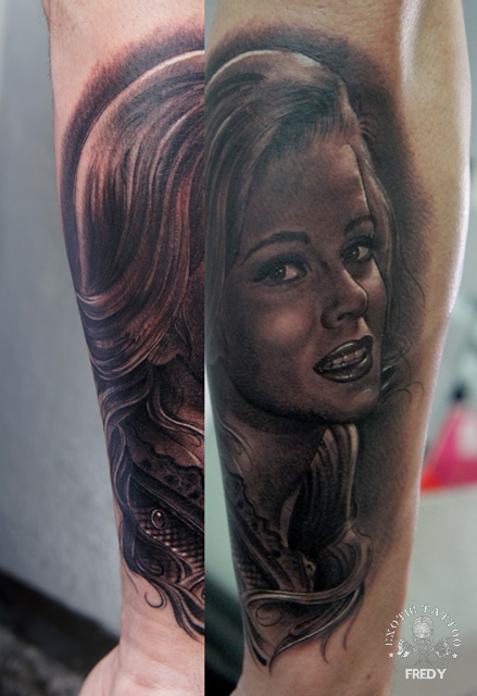 Black Ink Girl Portrait Tattoo On Forearm
