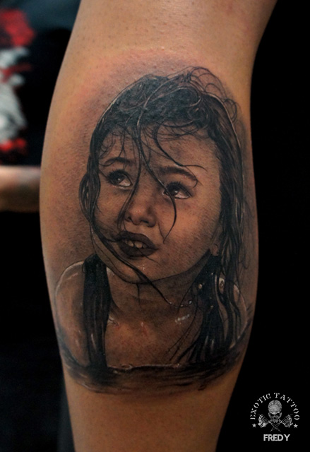 Black Ink Girl Tattoo On Leg Calf By Fredy