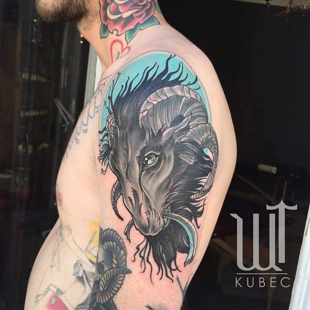 Black Ink Goat Head Tattoo On Man Left Shoulder