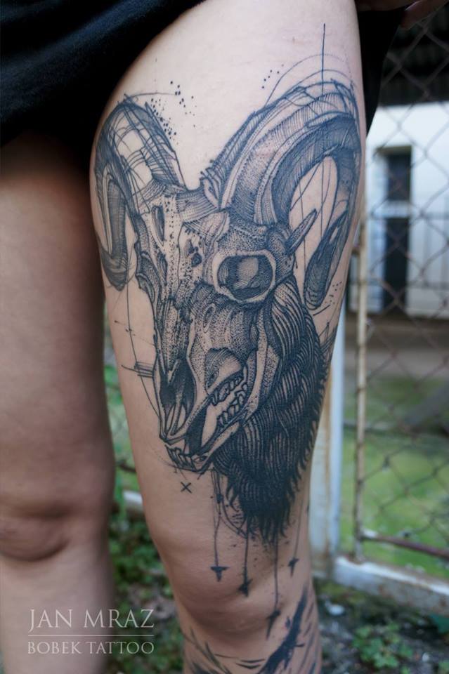 Black Ink Goat Skull Tattoo On Left Thigh