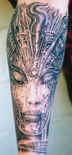 Black Ink H.R. Giger Face Tattoo On Sleeve By Tom Renshaw