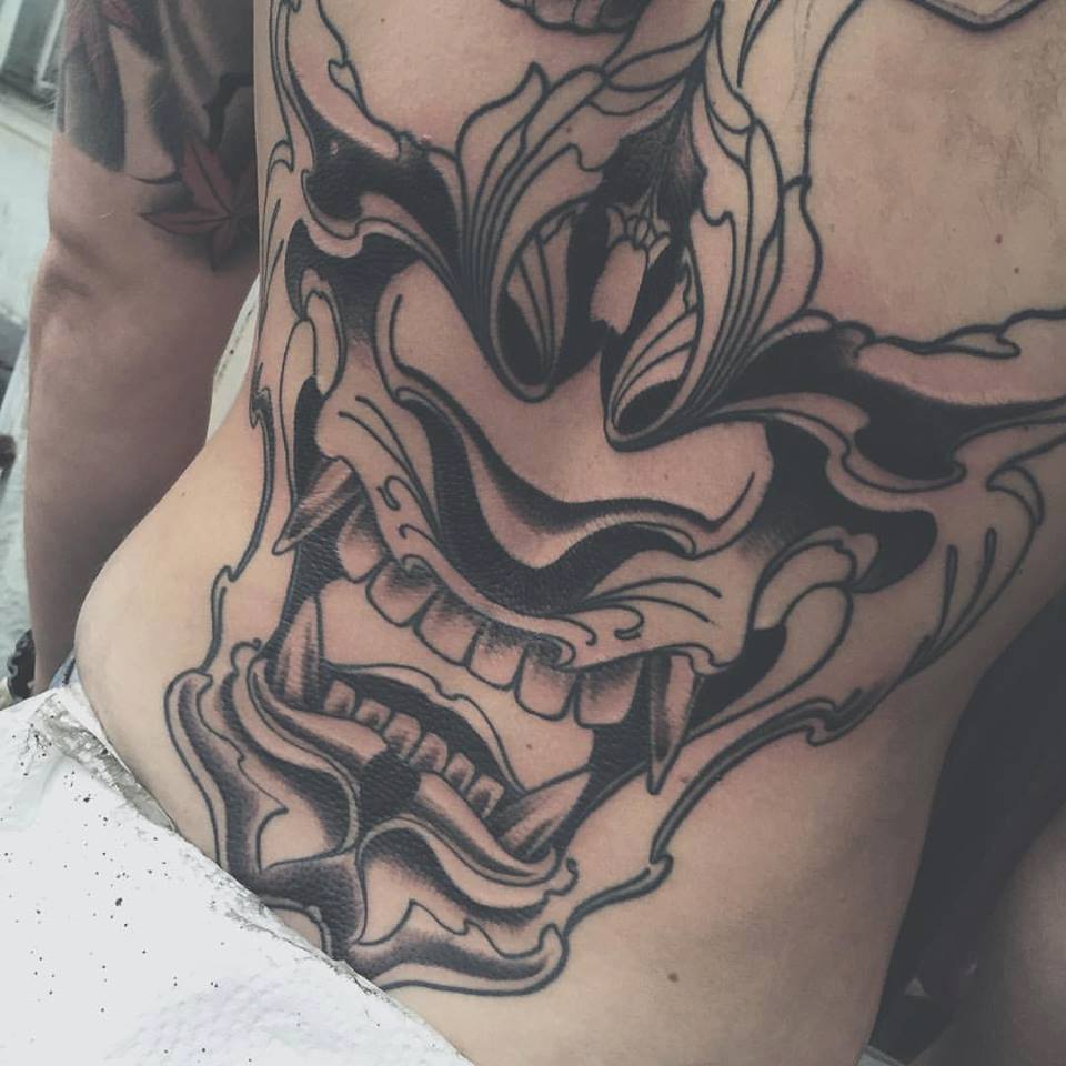 Black Ink Hannya Mask Tattoo On Full Back