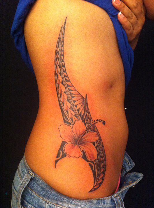 Black Ink Hibiscus Flower Tattoo On Women Right Side Rib