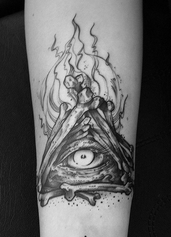 Black Ink Illuminati Eye With Bones Tattoo On Forearm