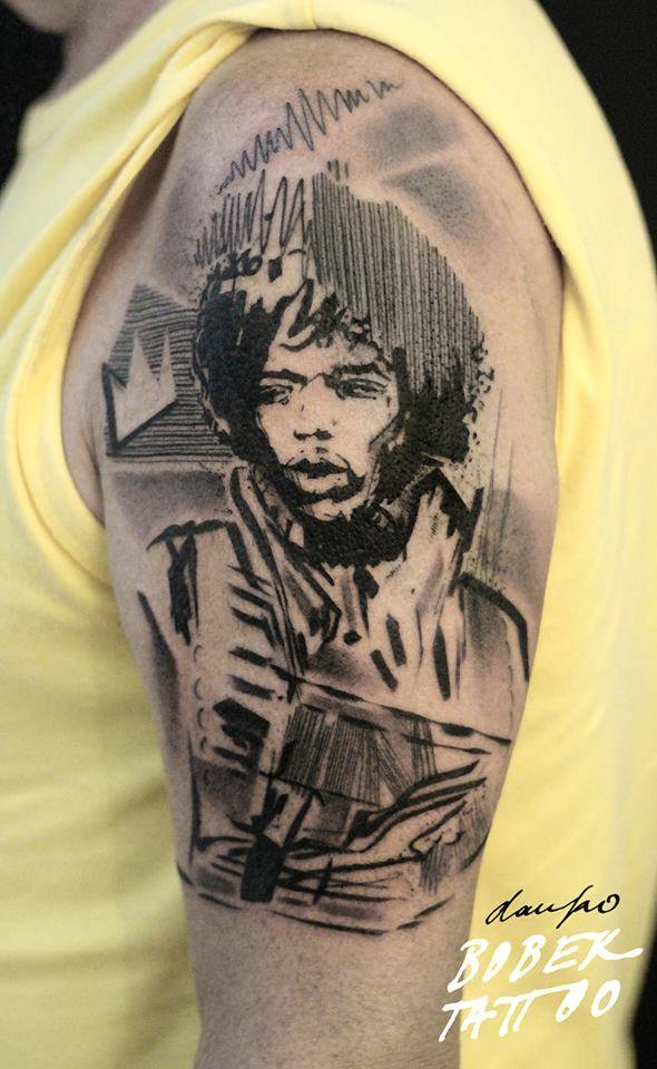 Black Ink King Jimmy Hendrix Tattoo On Left Half Sleeve