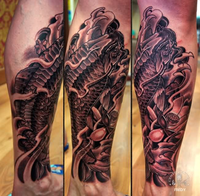 Black Ink Koi Fish Tattoo On Leg Calf