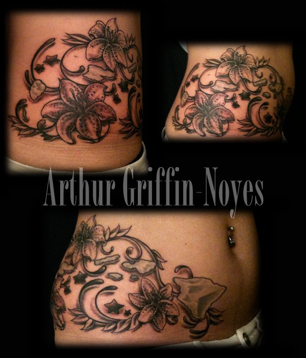 Black Ink Lily Flowers Tattoo On Right Side Rib By Arthur Griffin Noyes