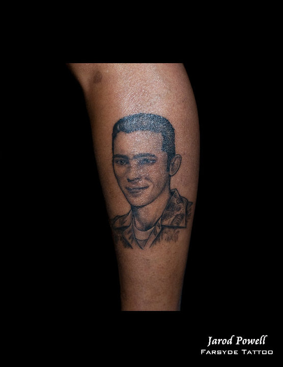 Black Ink Man Portrait Tattoo On Leg Calf