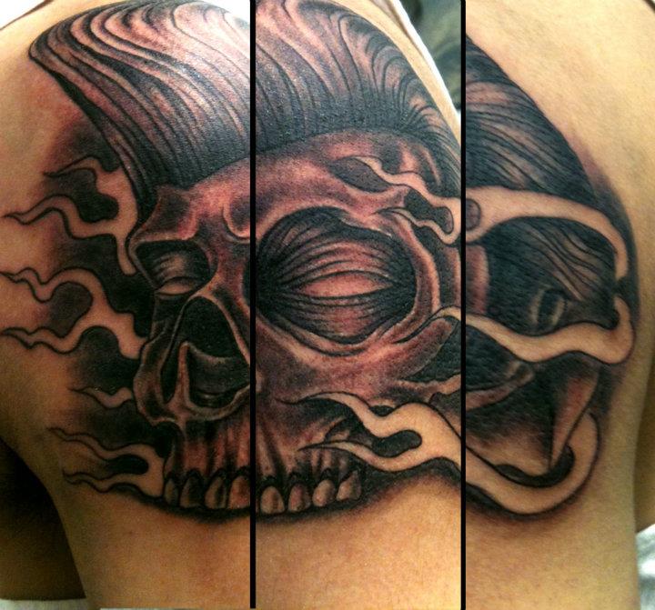 Black Ink Man Skull Tattoo Design For Shoulder