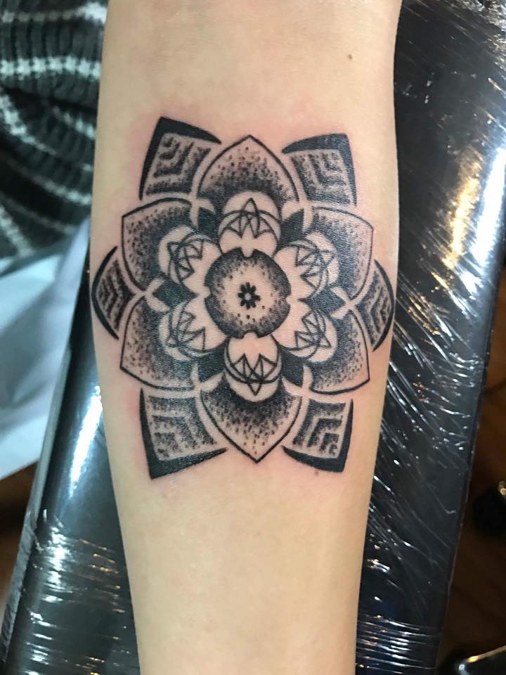 Black Ink Mandala Flower Tattoo On Design For Arm