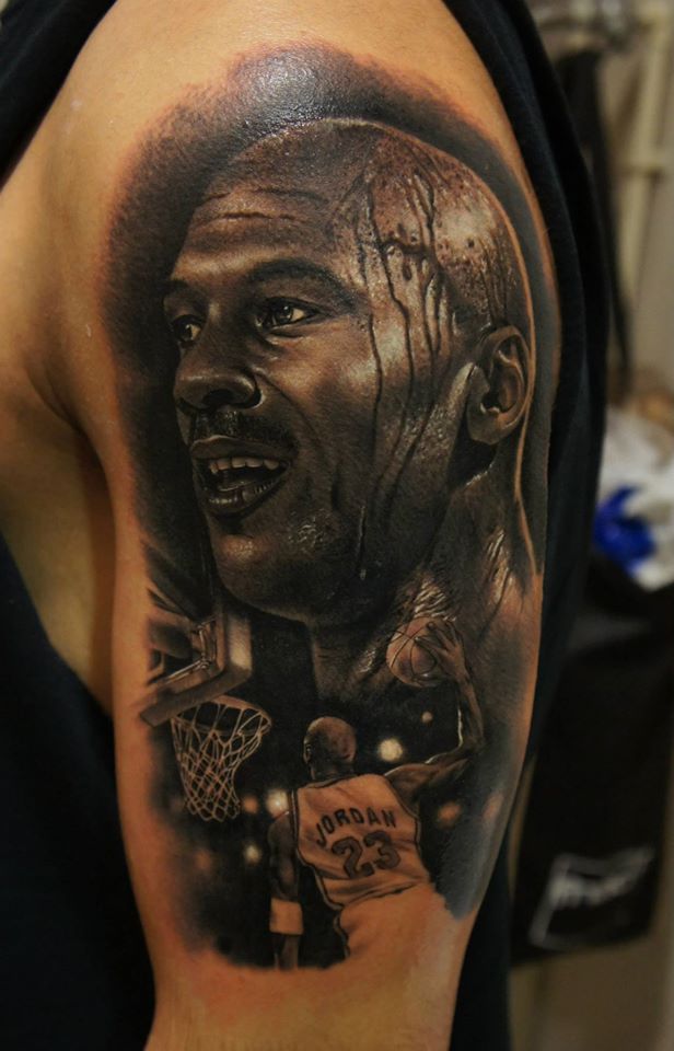 Black Ink Michael Jordan Tattoo On Left Half Sleeve
