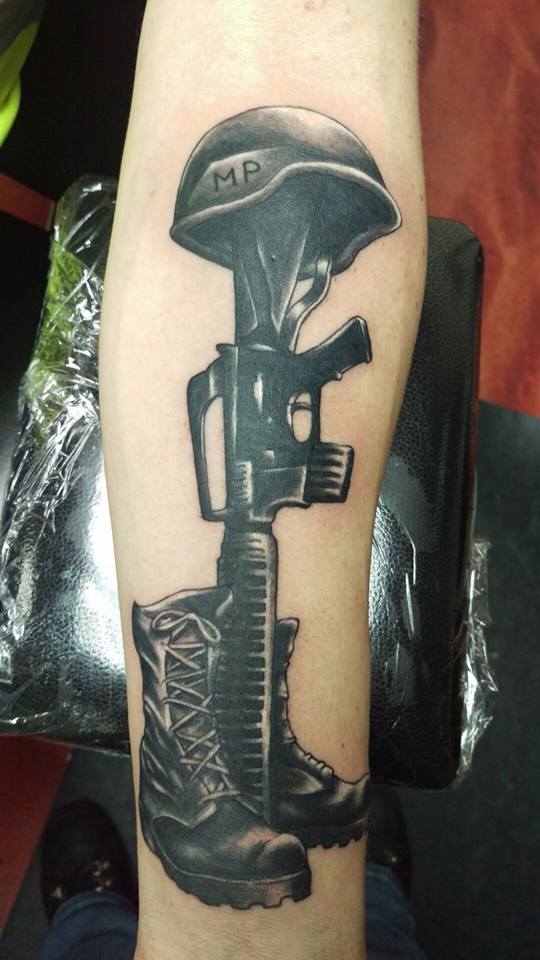 Black Ink Military Memorial Tattoo On Right Forearm