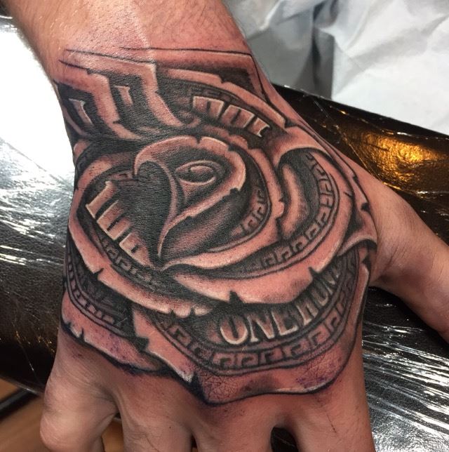 Black Ink Money Rose Tattoo On Right Hand By Zak Schulte