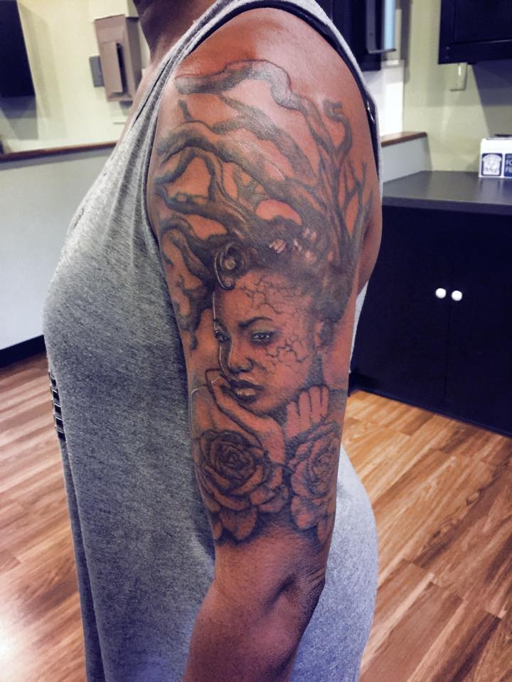 Black Ink Mother Nature With Roses Tattoo On Left Half Sleeve