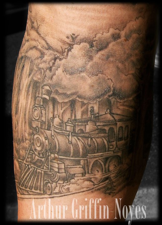 Black Ink Old Train Tattoo On Sleeve