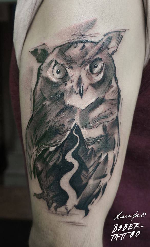 Black Ink Owl Tattoo On Half Sleeve