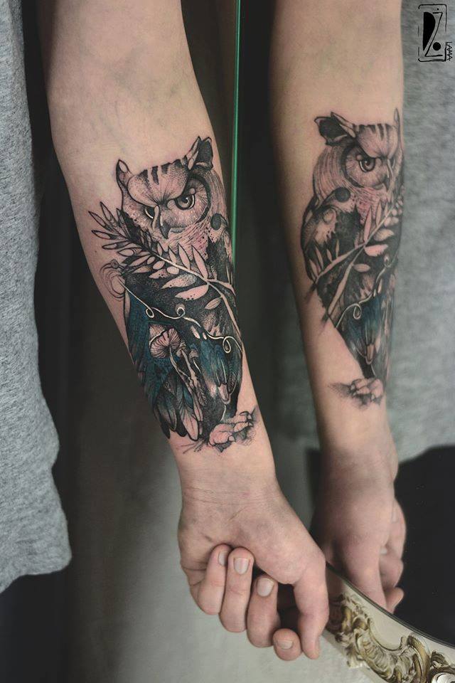 Black Ink Owl Tattoo On Left Forearm