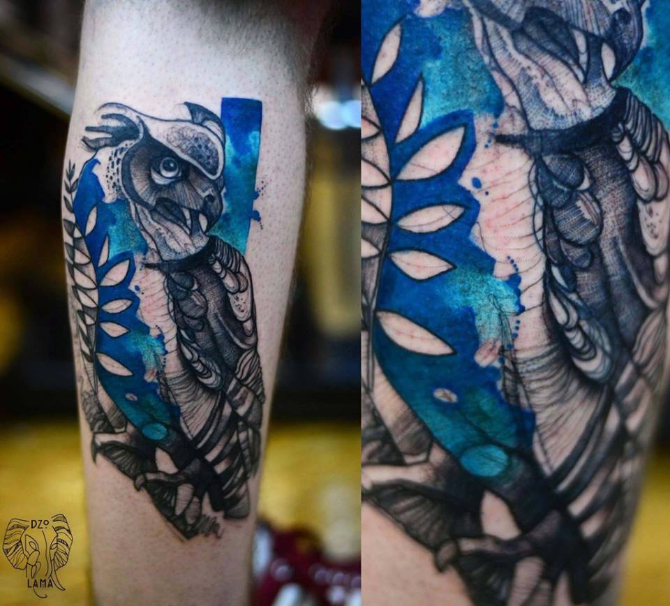 Black Ink Owl Tattoo On Leg By Dzo Lama