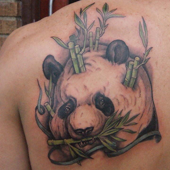 Black Ink Panda Head Tattoo On Left Back Shoulder By Shawn Hebrank