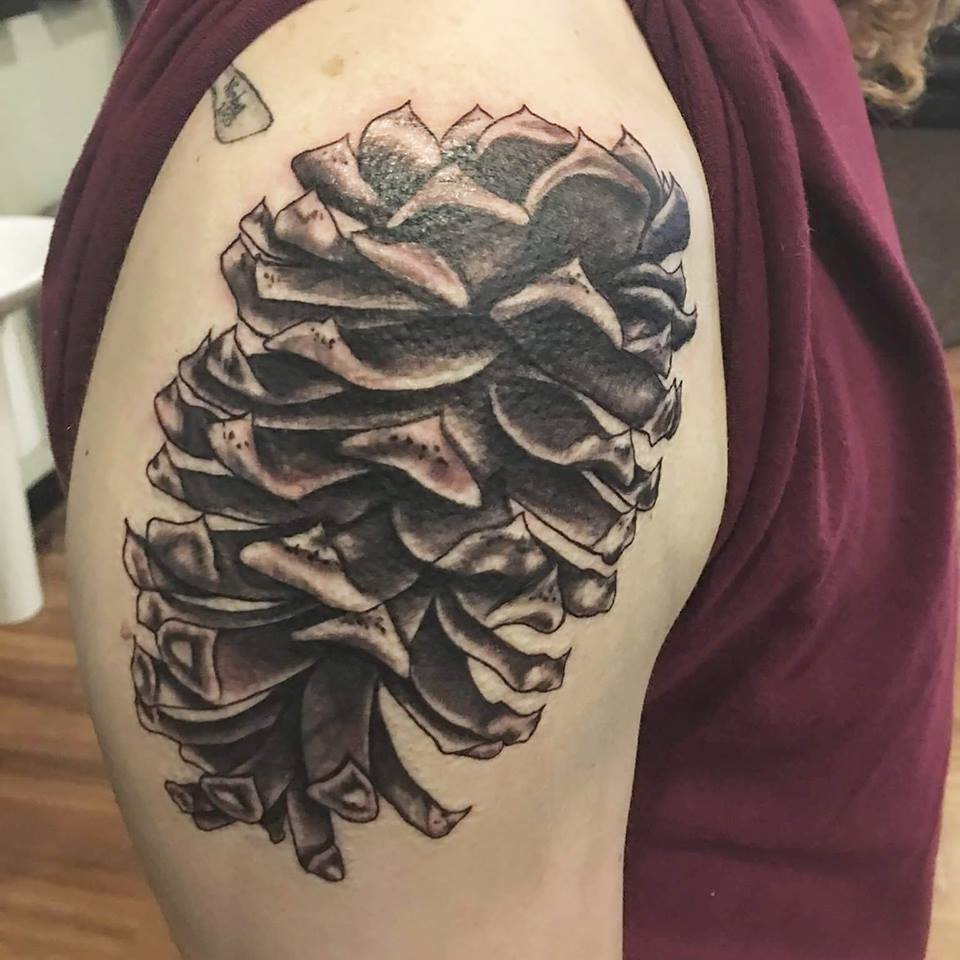 Black Ink Pine Cone Tattoo On Right Shoulder By Zak Schulte