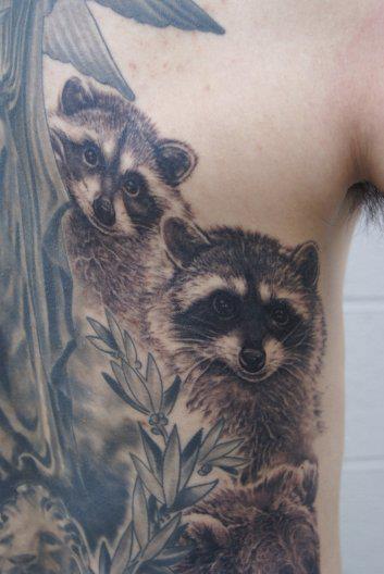 Black Ink Raccoons Tattoo On Back By Tom Renshaw