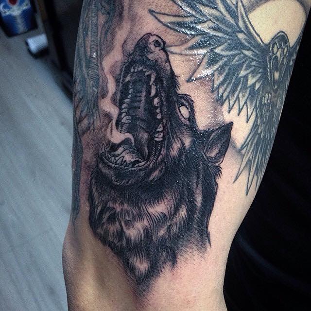 Black Ink Roaring Wolf Head Tattoo On Right Half Sleeve By Pig Legion