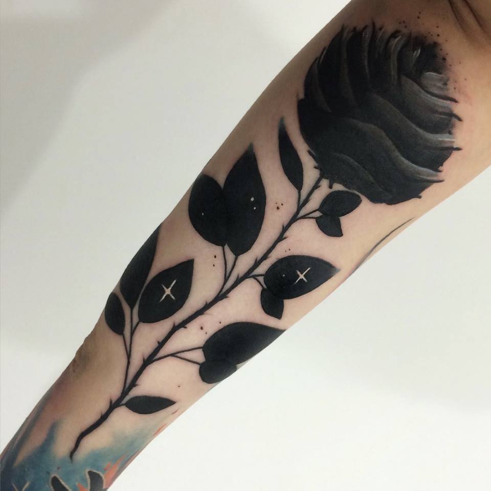 Black Ink Rose Tattoo On Right Sleeve