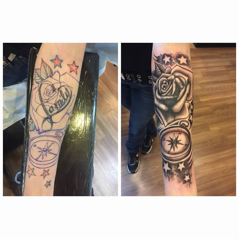 Black Ink Rose With Compass Tattoo On Left Forearm