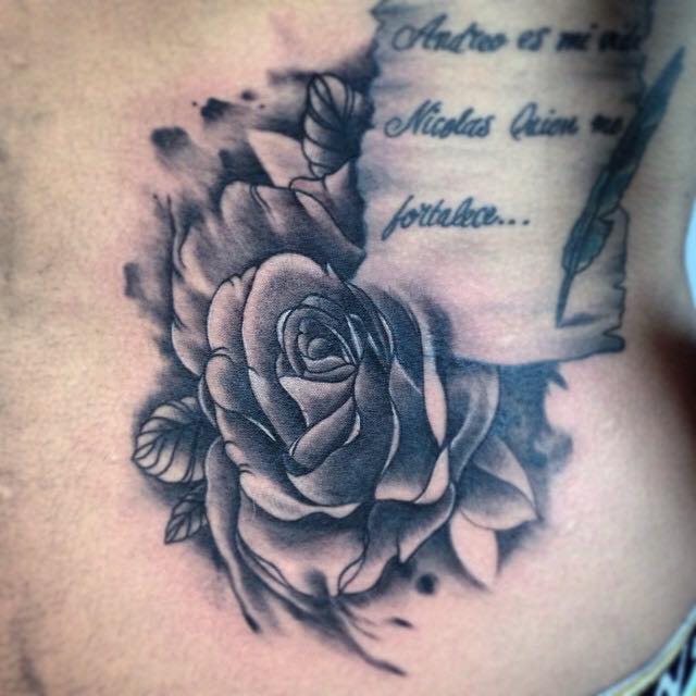 Black Ink Rose With Page And Feather Pen Tattoo Design By Pig Legion